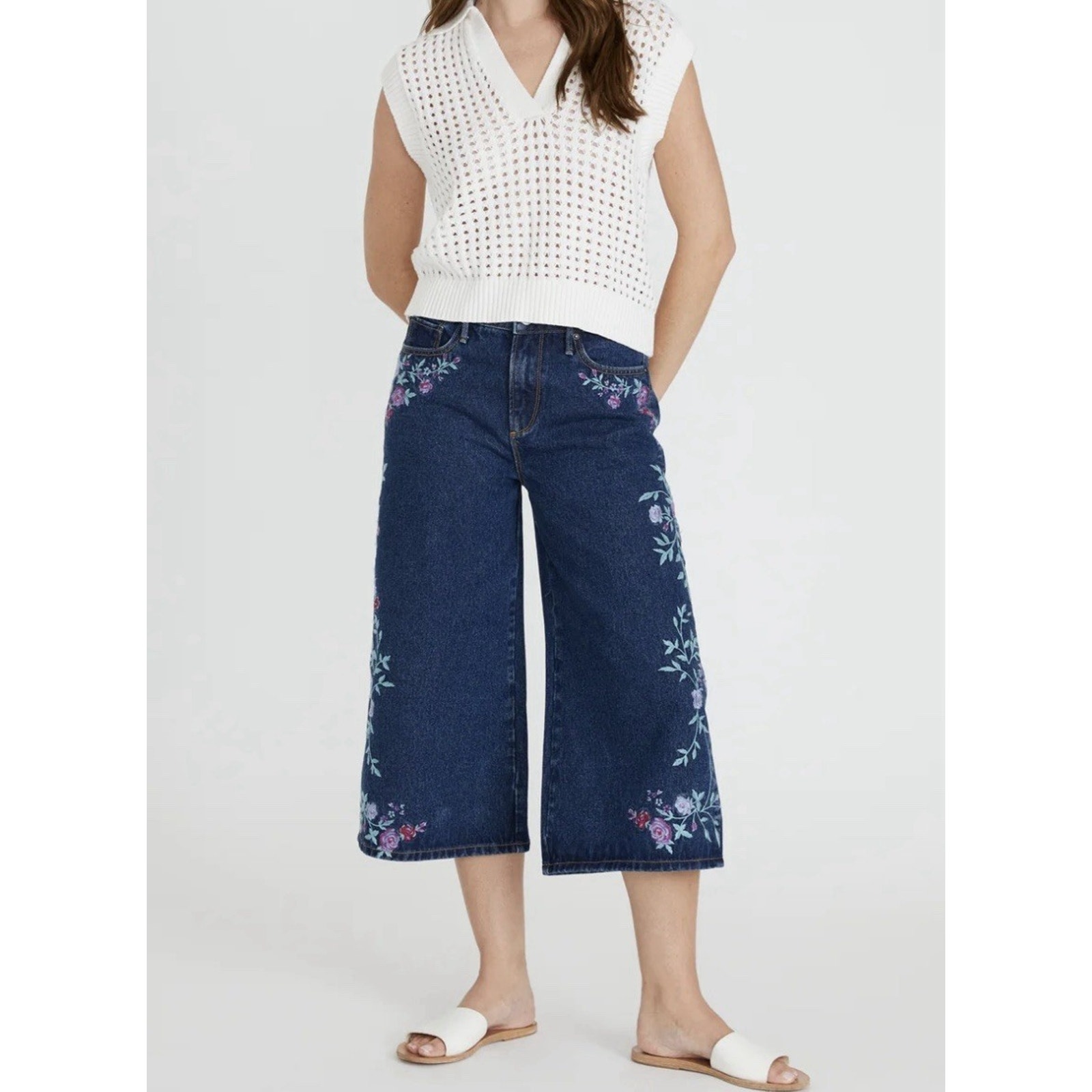 Driftwood Womens Amie Culotte Jeans 16 Bold Blossoms Embroidered Wide Leg Boho